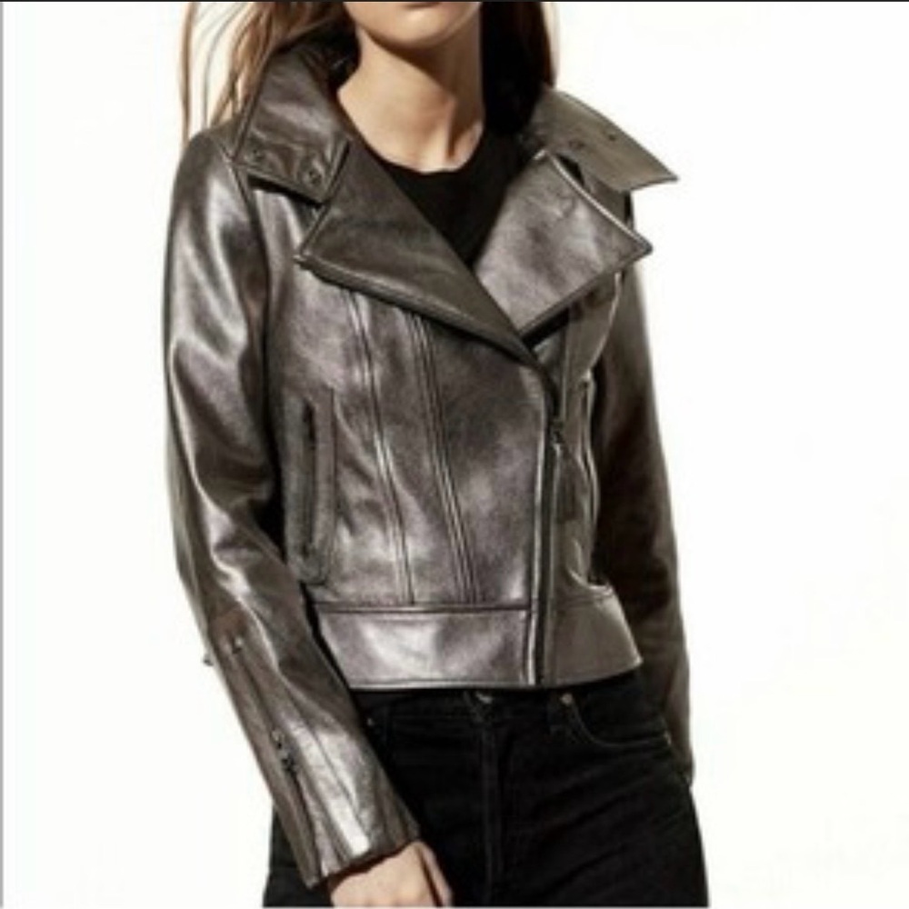 Mackage x Aritzia Metallic Grey Women's Kenya Leather Lambskin Moto Jacket XXS